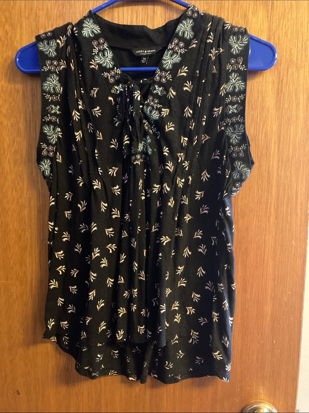 Lucky Brand Black Sleeveless Embroidered Top with Green Accents